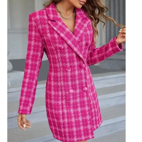 Plaid Double Breasted Pink Tweed Blazer Dress Mini Dress - Picture 7 of 9